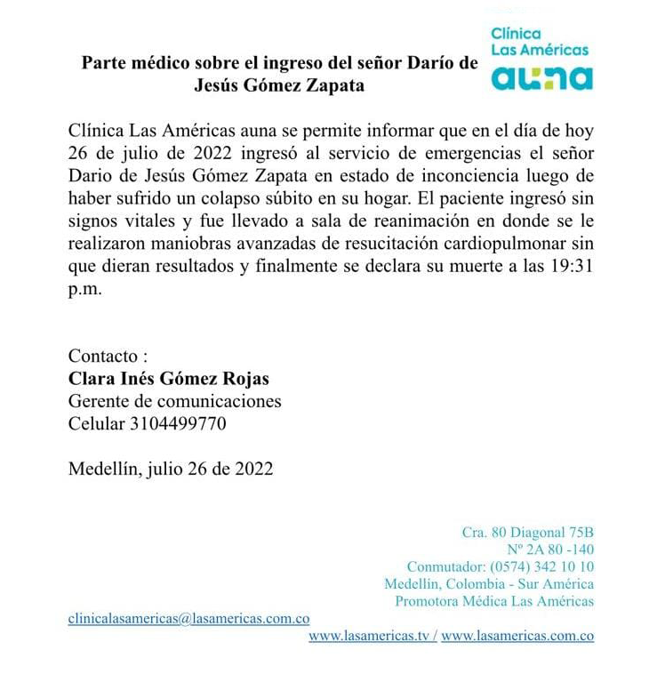 comunicadomuerte Darío Gómez