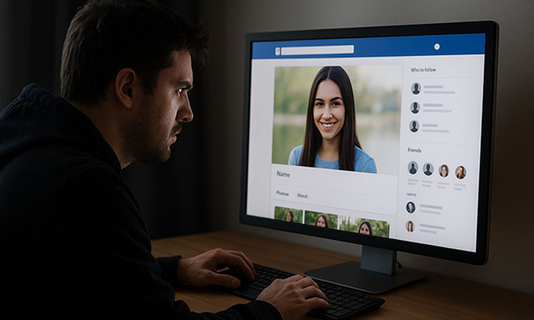Hombre con intenciones maliciosas navegando por un perfil de redes sociales.