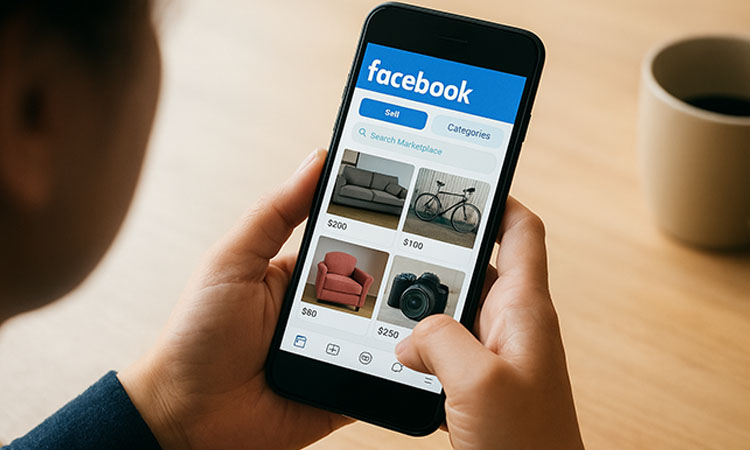 Usuario explorando productos en Facebook Marketplace desde su pantalla en formato digital.