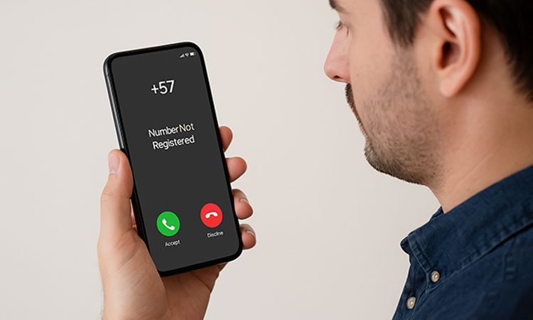 Hombre recibiendo llamada de un número no registrado con indicativo +57 en su celular.