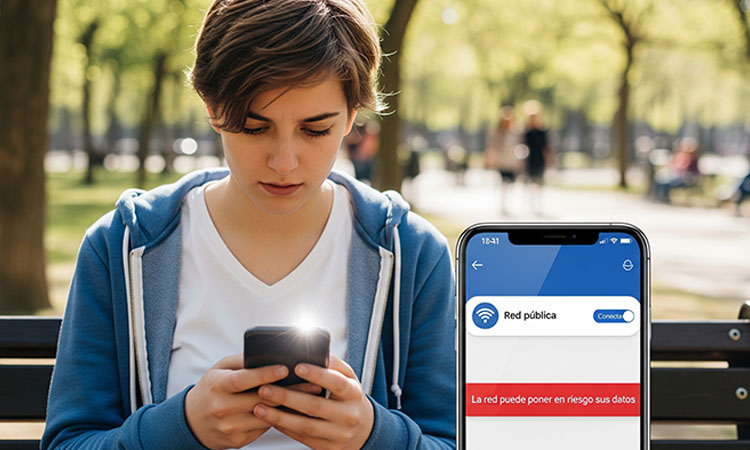 Joven en un parque viendo la pantalla de su teléfono con una alerta sobre una red Wi-Fi pública.