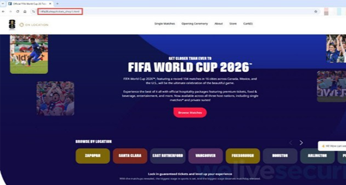 Interfaz de sitios falsos del Mundial 2026 que suplantan la web oficial de la FIFA para phishing