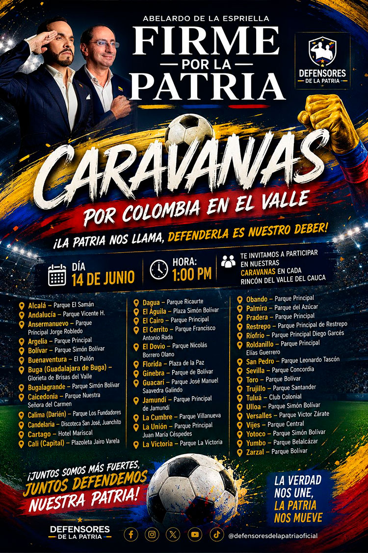Simpatizantes del movimiento Defensores de la Patria listos para las caravanas de la campaña presidencial de Abelardo de la Espriella en el Valle del Cauca.