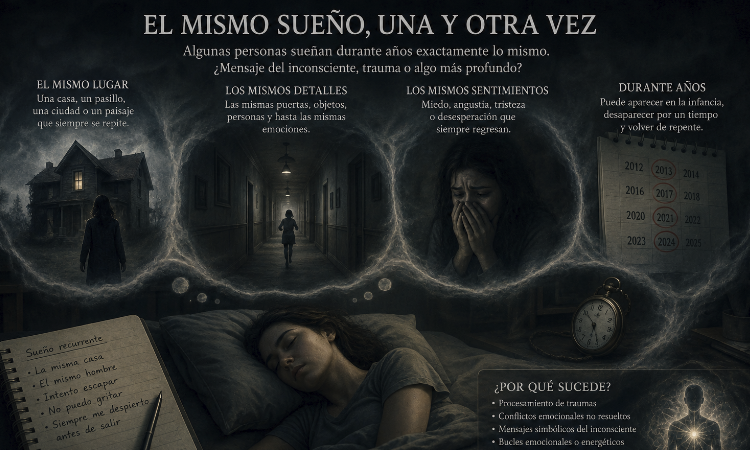 Algunas personas llevan años soñando exactamente lo mismo: la misma casa, la misma persecución, el mismo accidente o la misma sensación de peligro.