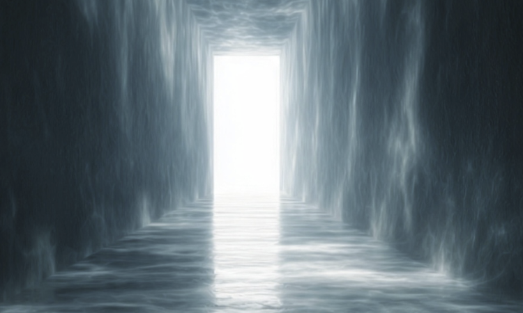 Silueta de una persona caminando hacia un fondo con una luz blanca intensa y resplandeciente, evocando la transición espiritual