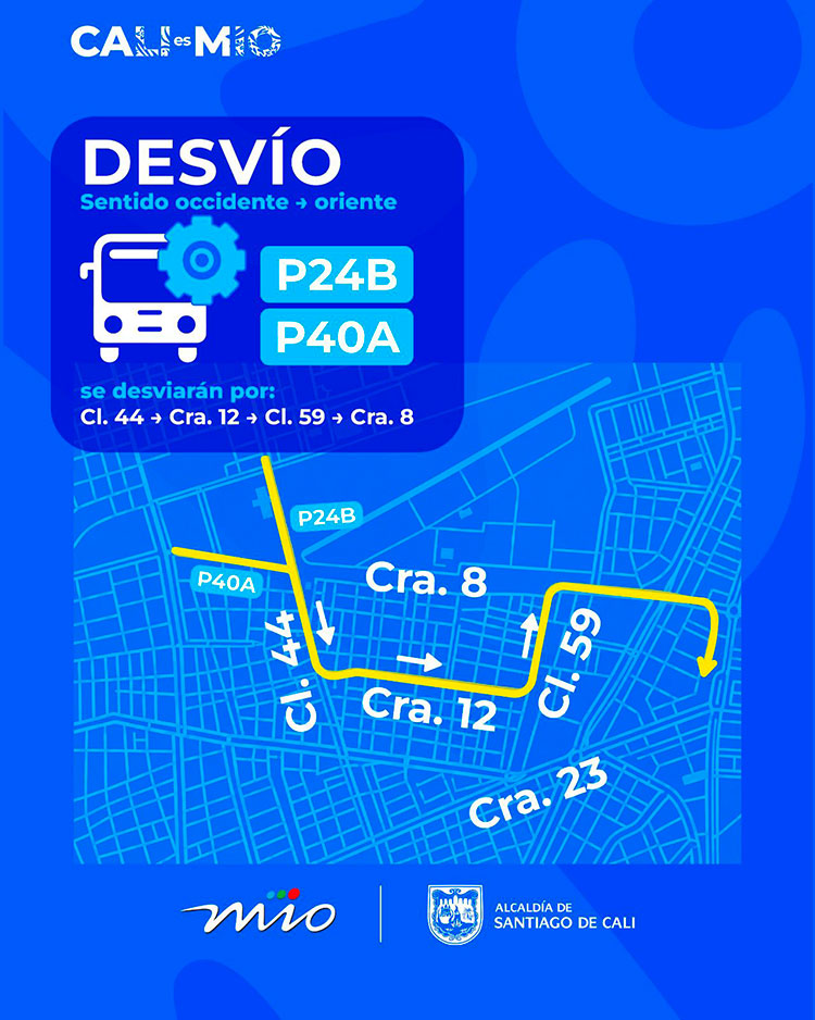Rutas P24B y P40A del MIO tendrán desvíos por obras de Emcali en la carrera 8 de Cali desde este sábado