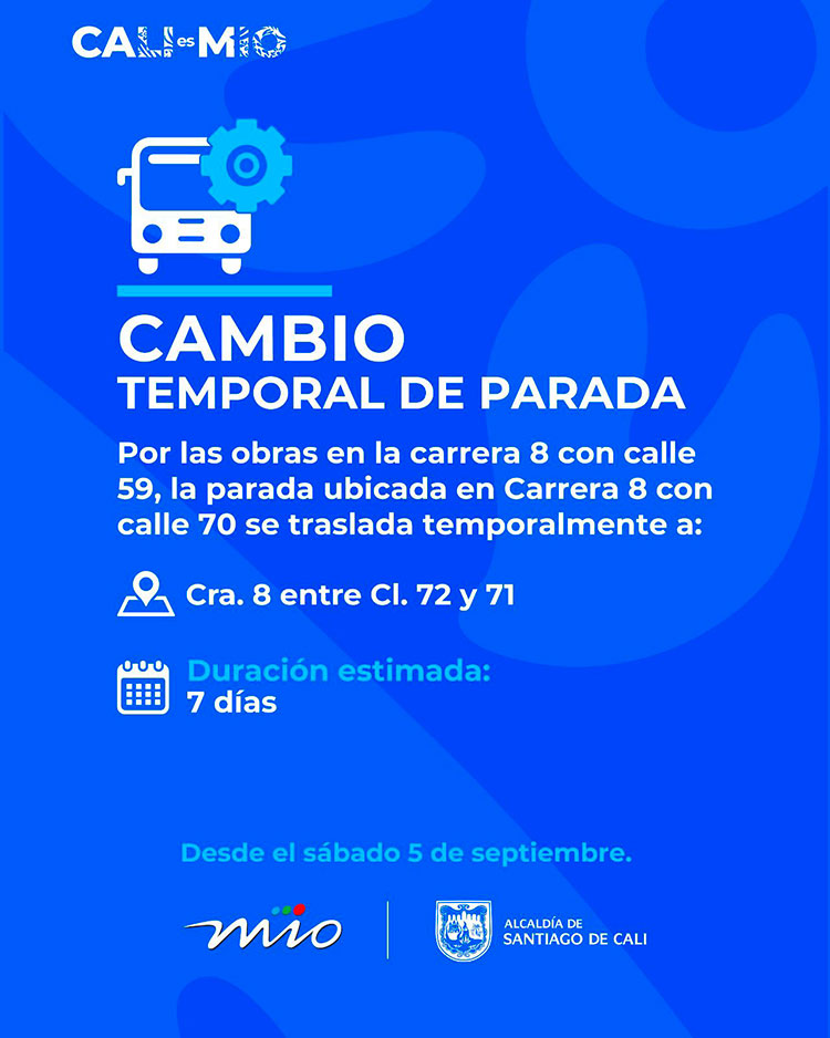 Rutas P24B y P40A del MIO tendrán desvíos por obras de Emcali en la carrera 8 de Cali desde este sábado