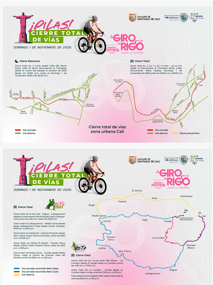 Giro de Rigo 2026: conozca cuáles serán las vías cerradas en Cali y el Valle del Cauca este 1 de noviembre